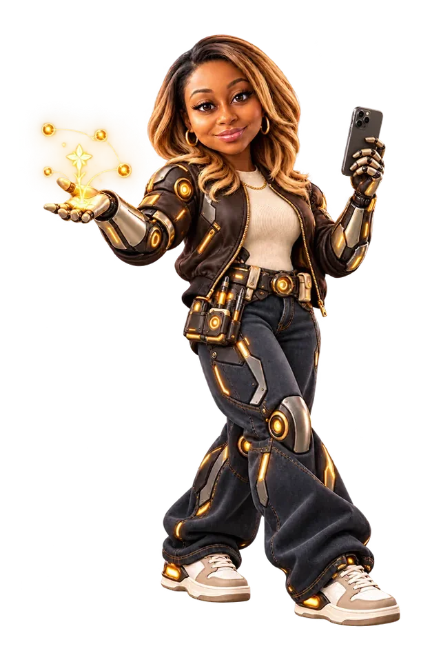 Sylva, de digitale assistent van Natascha: een action figure met een lichtgevende hand die mensen verbindt en een telefoon